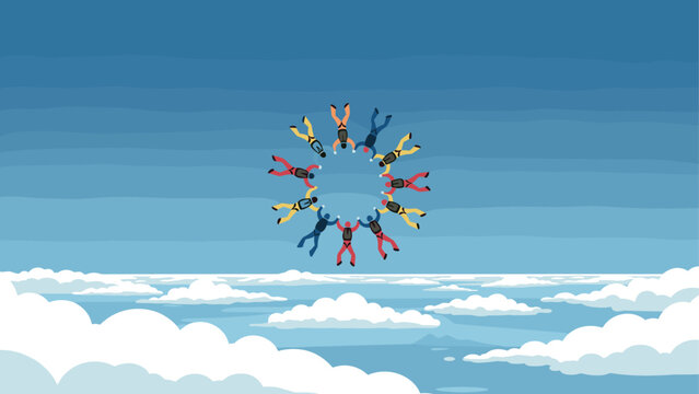 Skydivers in circular formation beneath a clear blue sky