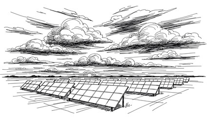 Solar panels in a scenic landscape with dramatic clouds and sunset in sketch style