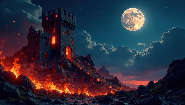 Castle ruins in flames with a full moon and stars, destruction, tisha b'av