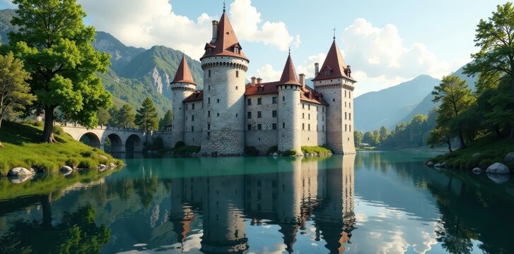 Castle walls surrounded by tall trees and a moat with reflections in the calm lake, greenery, prague castle cityscape