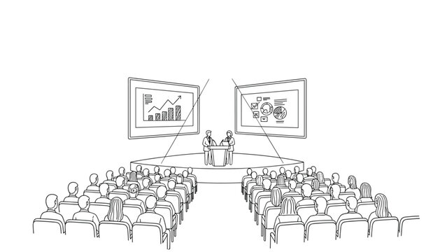 Conference presentation with audience in linear style
