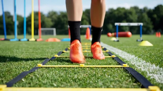 Athlete Training with Agility Ladder on Field.
