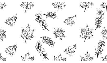 Garden leaves seamless pattern coloring page with oak maple and eucalyptus outline vector design © Md Humaun