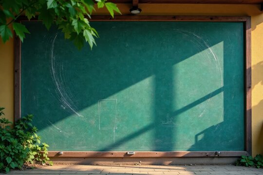 Chalk marks on an old wooden outdoor classroom wall in a quiet schoolyard, overgrown, wooden