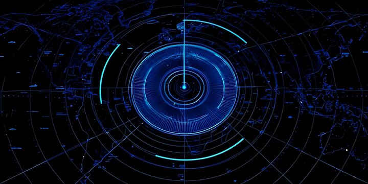 Futuristic blue radar screen with concentric circles and grid lines on a dark background