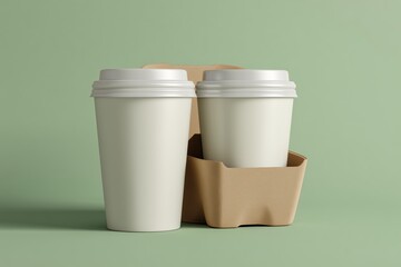 Two Paper Coffee Cups in a Holder on a Soft Green Background Perfect for Warm Beverage Presentation and Cafe Branding