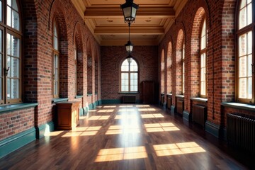 Fototapeta premium Classic American school with brick walls and columns, building, facade
