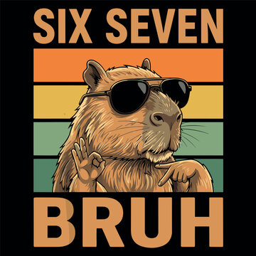 Six Seven Bruh Funny Capybara Meme Retro Vintage Humor Animal Meme Internet Joke