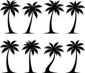Fototapeta premium Black palm trees set isolated on white background. Palm silhouettes. Design of palm trees for posters, banners and promotional items. Vector illustration 