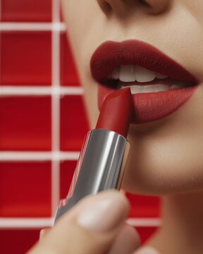 Primer plano de mujer aplic&aacute;ndose labial rojo mate en los labios  sobre fondo de azulejos rojos, maquillaje en el ba&ntilde;o