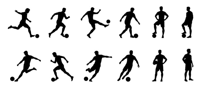 Soccer player silhouettes set. Football players in different poses kicking ball isolated on white background.