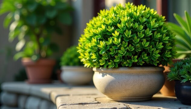 Close-up of Buxus sempervirens in a ceramic pot with a natural stone base, pot, foliage