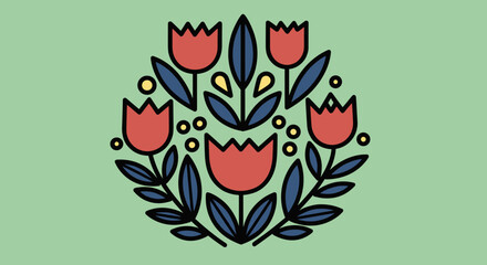 Fototapeta premium Illustration of Red Tulips and Leaves.