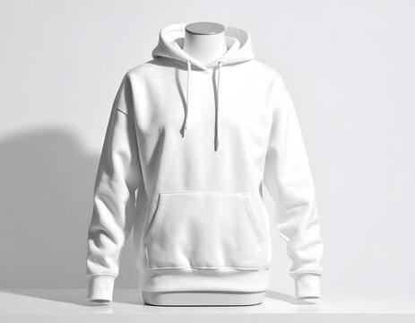 A white hooded sweatshirt on a headless mannequin, studio shot