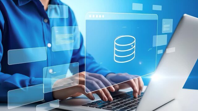 Database development and data modeling concept with programmer typing on laptop and digital storage interface, information management for secure access, backup, and application performance.