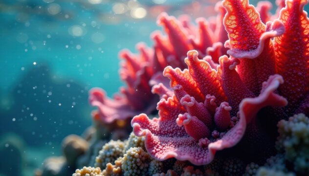 Close-up of vibrant red algae in ocean current, aquatic plants, underwater photography