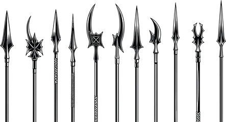 Medieval spear and polearm weapon collection, fantasy halberd lance ancient warrior weapons vintage engraving vector illustration set © Motiur