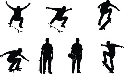 Skateboarder silhouettes set, skateboard athlete performing tricks jumping skating extreme sport action vector illustration collection © Motiur