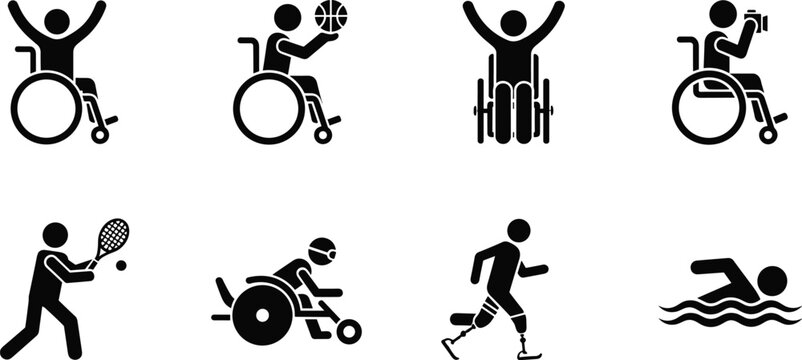 Paralympic sports icon set, disabled athletes wheelchair basketball tennis swimming running prosthetic athlete accessibility inclusive sport symbols vector