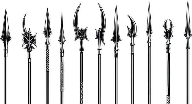 Medieval spear and polearm weapon collection, fantasy halberd lance ancient warrior weapons vintage engraving vector illustration set