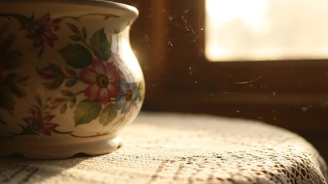 Dust motes dance in sunlit room, highlighting a decorative ceramic pot on a lace tablecloth, evoking a sense of calm and domesticity.