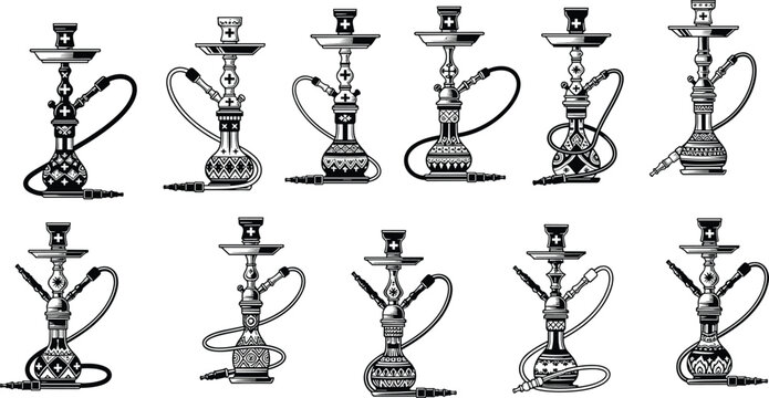 Hookah shisha collection set, traditional water pipe smoking hookah lounge oriental culture vector illustration icons