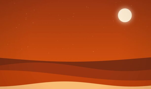Minimalist flat design illustration of a desert landscape at sunset with orange sky, glowing sun, and stars.