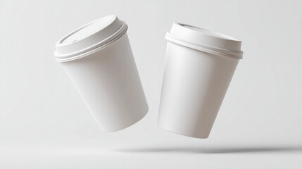 Floating White Disposable Coffee Cups in Minimalist Background with Natural Light Highlighting Their Smooth Surfaces