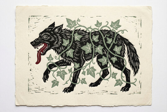 Handmade linocut print illustration of black wolf walking with green ivy vines wrapped around body and red tongue out on textured paper background.