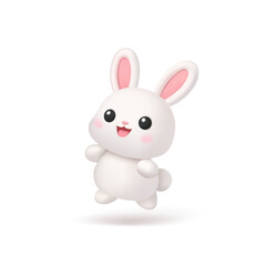 Happy, funny bunny jumping, 3D. Full body. Icon on white background. Wild cartoon bunny. Pet, farm animal. Vector illustration.