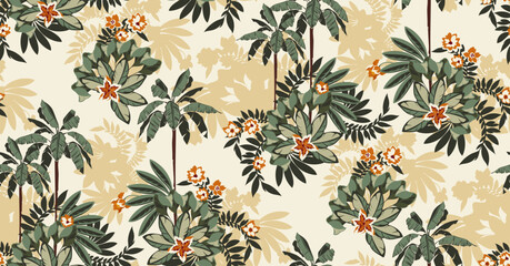 Seamless tropical leaves pattern design. Hand draw exotic flowers pattern. © akın demirci