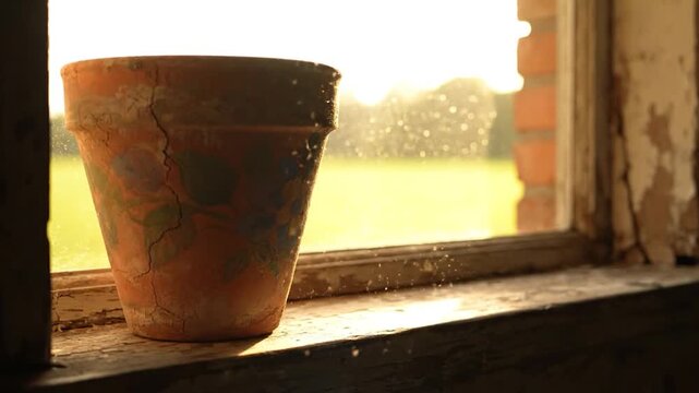 Empty terracotta pot on a rustic window sill with a bright outdoor view.