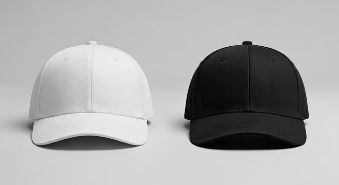 blank black white mesh baseball caps, neutral grey studio background, mockup design concept