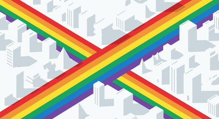 Fototapeta premium Isometric vector illustration of a modern white city with rainbow pride colored overpass roads intersecting, representing lgbtq diversity.