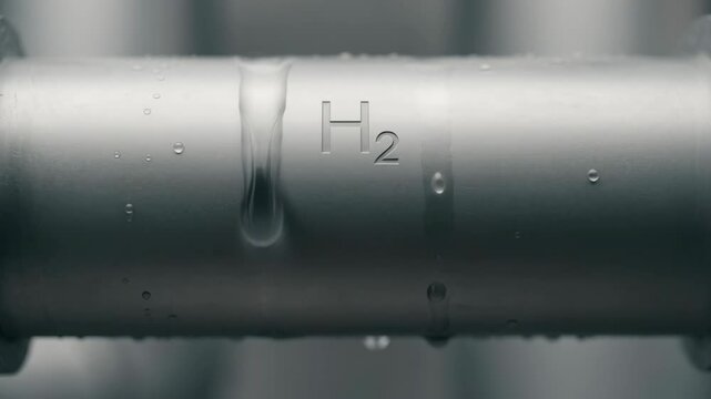 Close up of H2 hydrogen symbol on metal pipe with water drops in a clean energy facility.