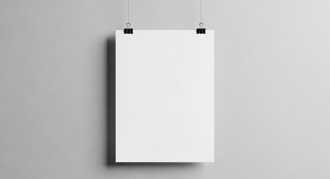 blank hanging poster with black binder clips on soft gray wall, mockup design concept