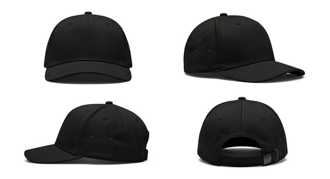 black baseball caps multiple angle views plain white background, blank apparel mockup design concept