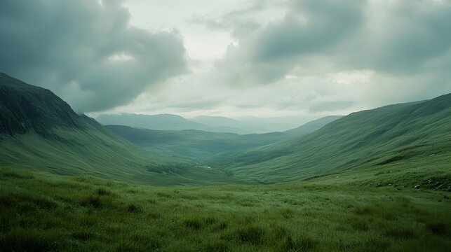 Green mountain valley under dramatic cloudy sky soft light