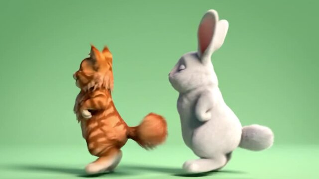Happy cartoon cat and rabbit characters dancing together loop, whimsical friendship animation 4K