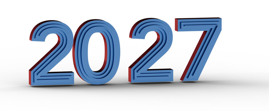 3D render of the year 2027 in blue and red on a white background. Perfect for presentations, future concepts, and calend