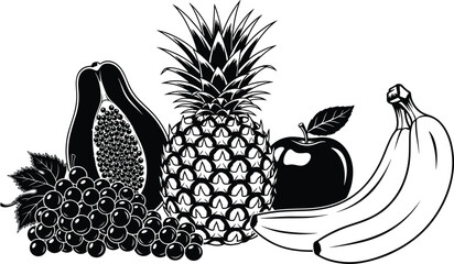 Black and white of fruit including pineapple apple bananas grapes and fig © MdAbdulHamad