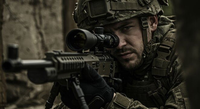 Military sniper looking through the optical sight of a weapon, representing precision and combat readiness.
