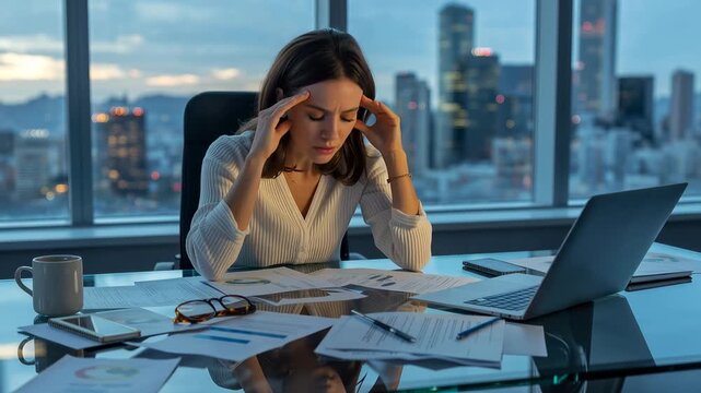 Business Executive's Stressful Day: An overworked executive, grappling with the weight of her responsibilities, is immersed in a sea of paperwork.