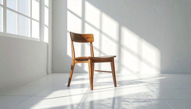 A wooden chair sits alone in a bright white room with large windows.