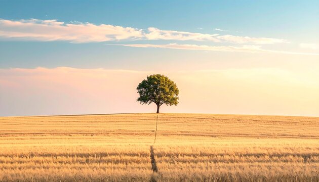 A lone tree stands tall in a vast field under a partly cloudy sky at sunset