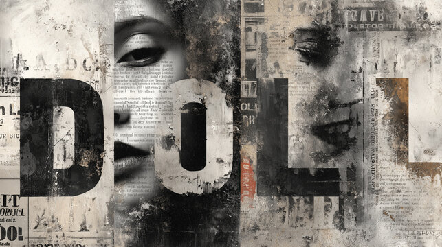 Modern art collage with typography and facial fragments on newspaper texture. Suitable for banner, poster, magazine cover, editorial article or web design.
