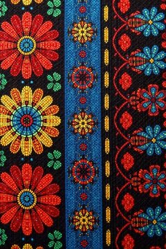 Colorful Ndebele-inspired floral pattern on a woven fabric, showcasing traditional motifs and motifs patterns , Fabric, Textile