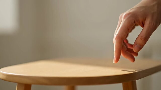 Hand reaching down to touch wooden stool surface with dust particles floating in warm soft indoor light