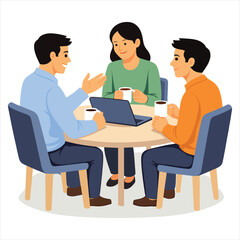 Obraz premium Business Team Meeting with Coffee and Laptop, People Brainstorming and Discussing Project Flat Vector Illustration