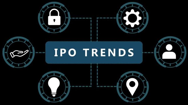 Central dark blue rectangle with white text IPOTRENDS surrounded by six circular in teal and white on a black background representing financial concepts like security lock, gear, person